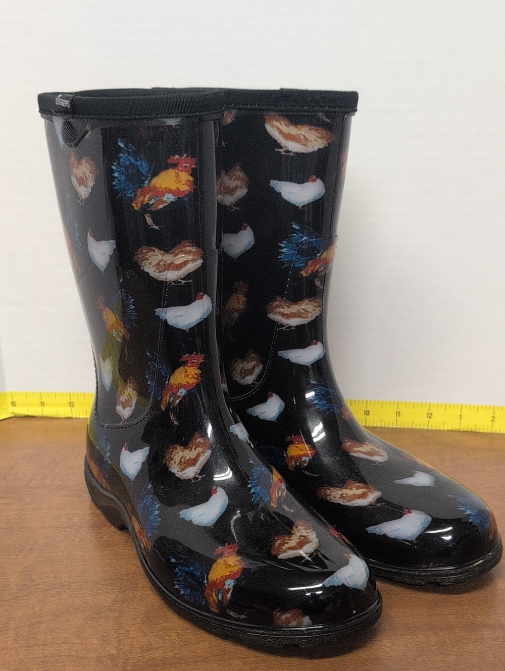 Women's Black Chicken Print Rain Boots size 9